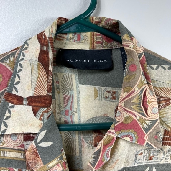 AUGUST Silk sheer short sleeve button down silk Egypt print shirt Sz 6 - Picture 2 of 10